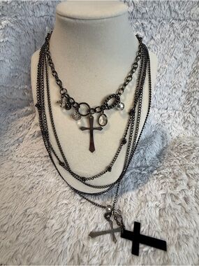 Source Unknown Gunmetal Multi-Layer Cross Necklace with Crystal Drops
